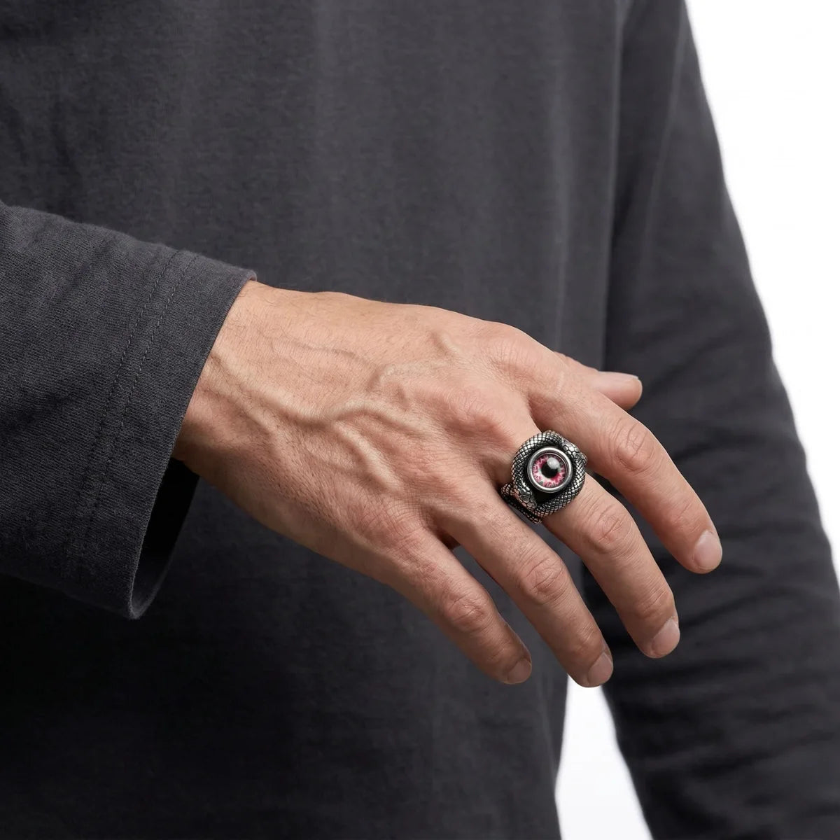 Snake Red Eye Ring Worn by Male Model