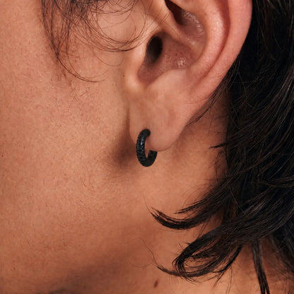 Snake Skin Hoop Earrings Black Worn by Male Model Close Up