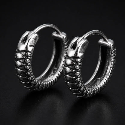Snake Skin Hoop Earrings Silver Pair Close Up Black Background