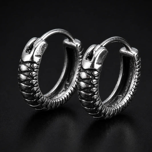 Snake Skin Hoop Earrings Silver Pair Close Up Black Background