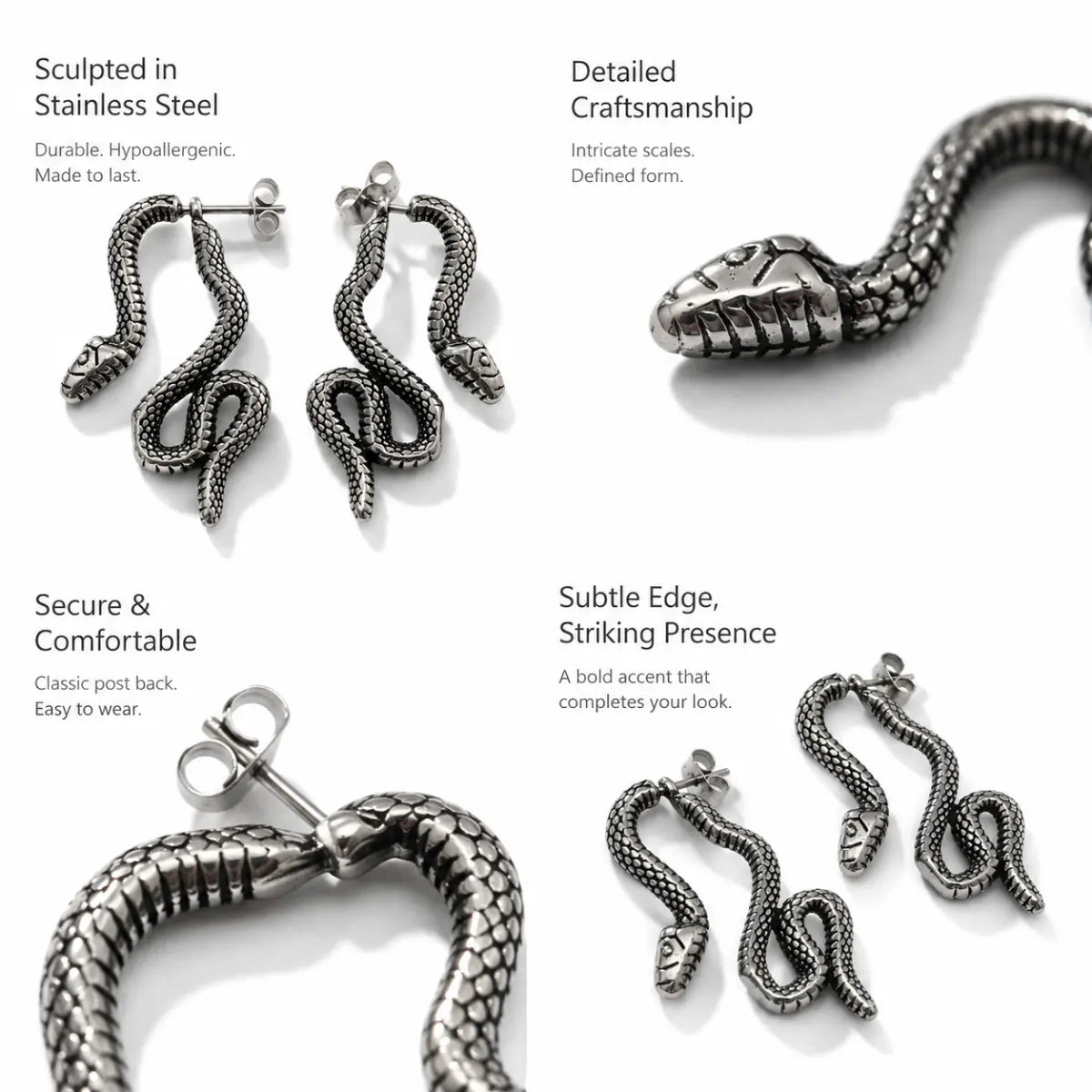 Snake Stud Earrings Silver Multi Angle Product Feature Showcase