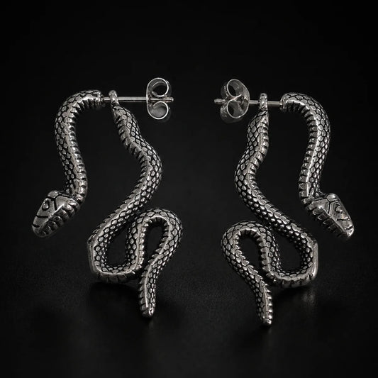 Snake Stud Earrings Silver Pair Displayed Black Background