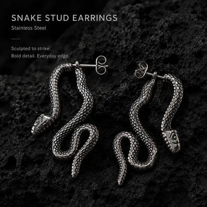 Snake Stud Earrings Silver Pair Displayed on Stone Surface