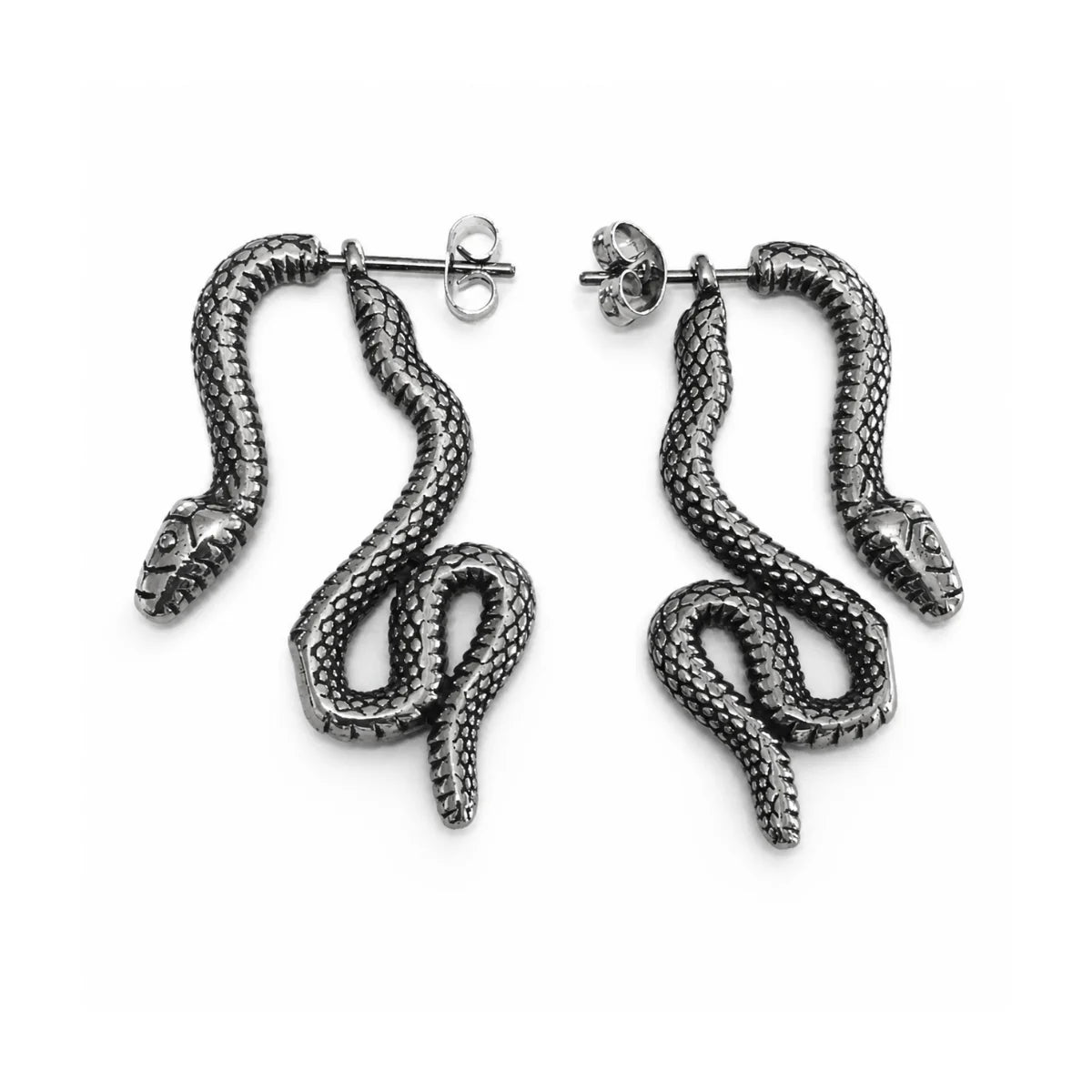 Snake Stud Earrings Silver Pair Front View White Background
