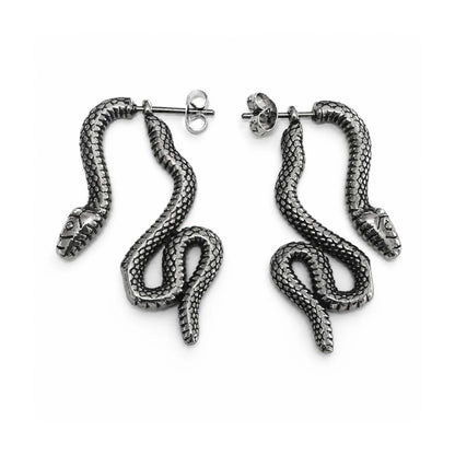 Snake Stud Earrings Silver Pair Front View White Background