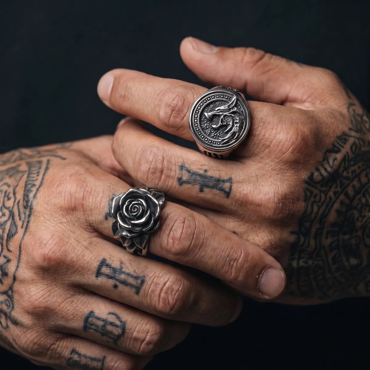 Solid Rose Ring Silver Worn by Male Model with Tattoos