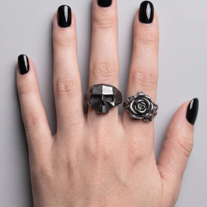 Solid Rose Ring Silver and Skull Ring Worn by Female Model