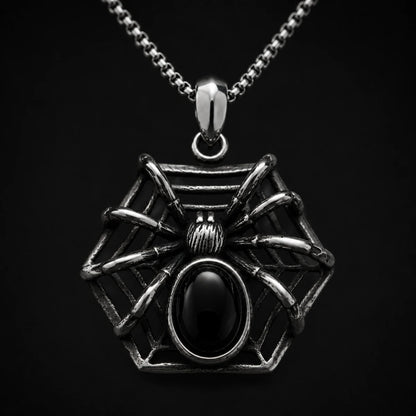 Spider Web Gemstone Necklace Silver Close Up Black Background