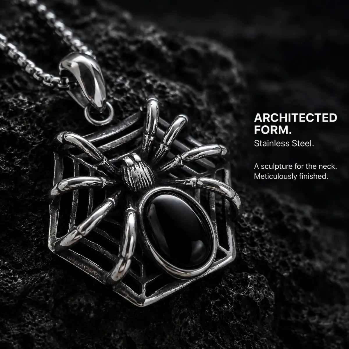 Spider Web Gemstone Necklace Silver Displayed on Stone Surface