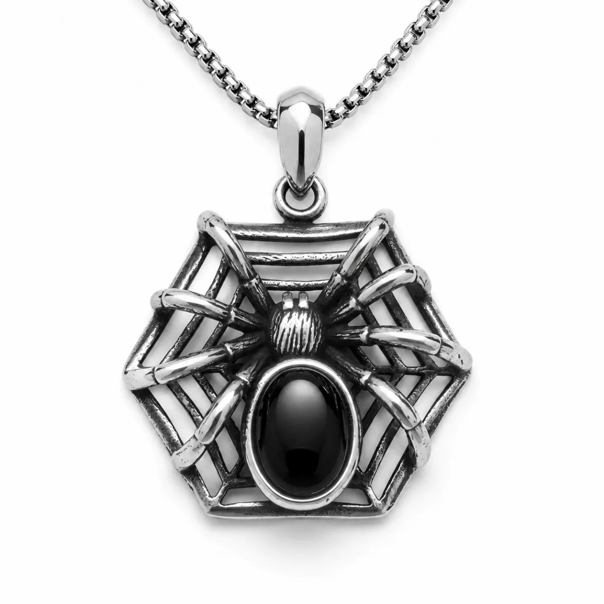 Spider Web Gemstone Necklace Silver Pendant with Chain Front View White Background