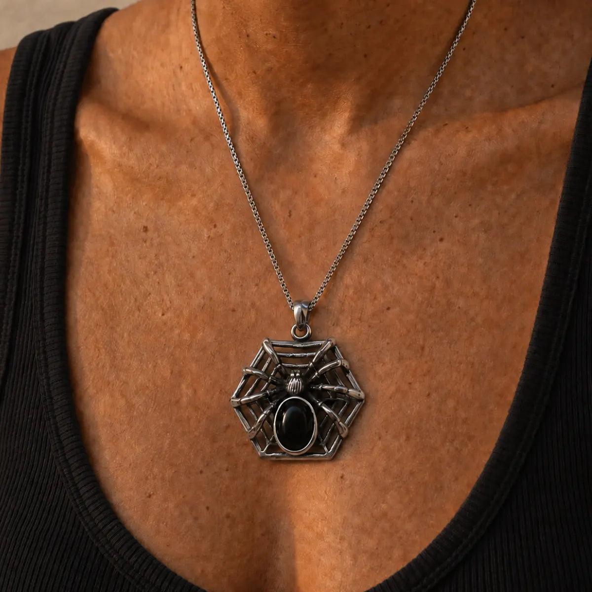 Spider Web Gemstone Necklace Silver Worn by Model Chest View