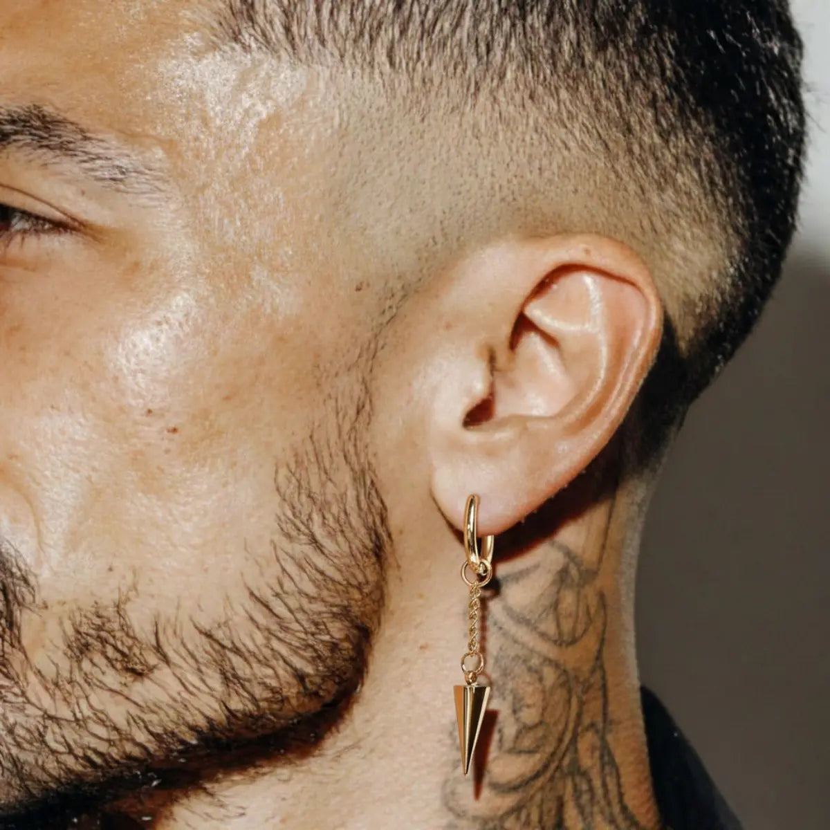 Spike Chain Drop Earrings Gold Worn by Male Model