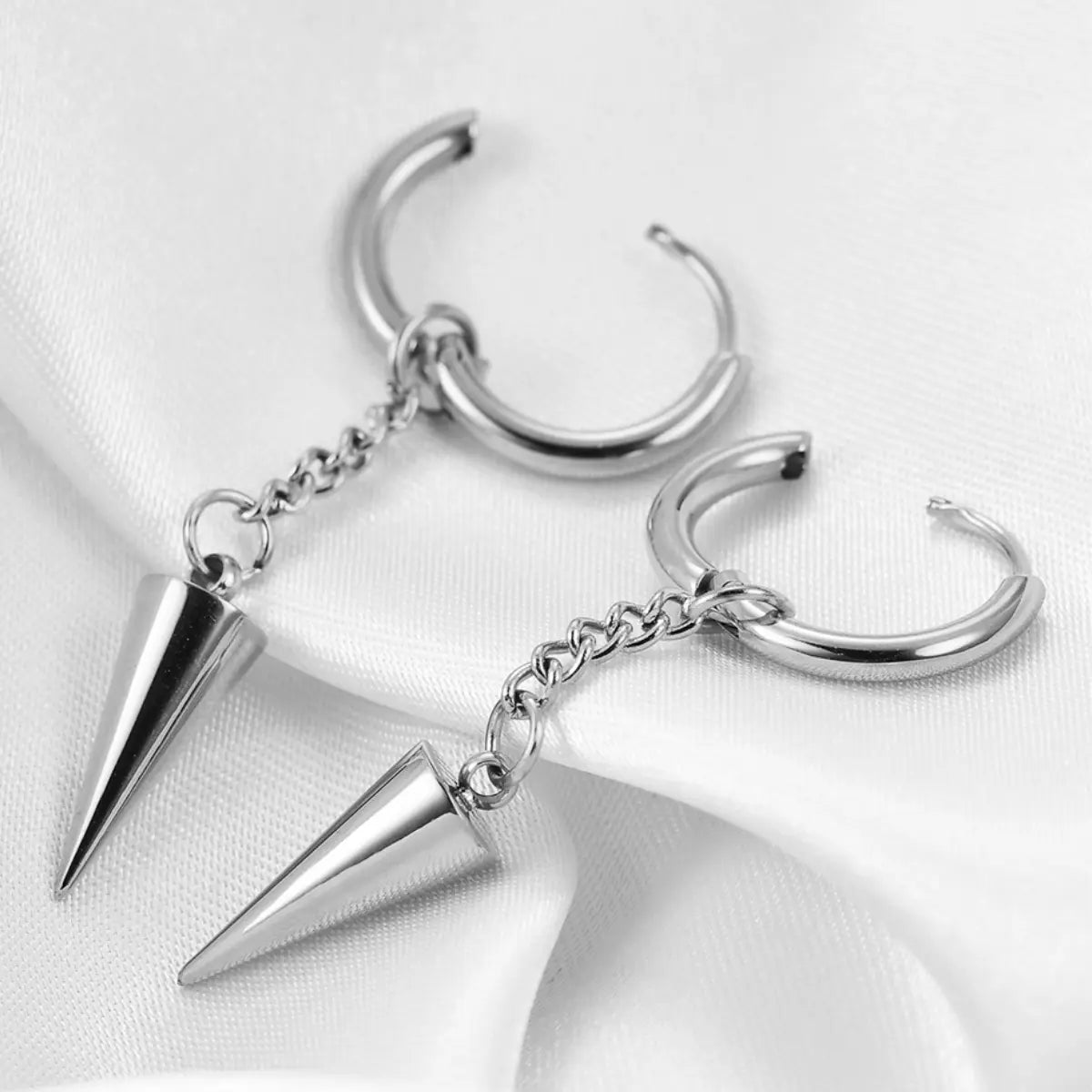 Spike Chain Drop Earrings Silver Close Up