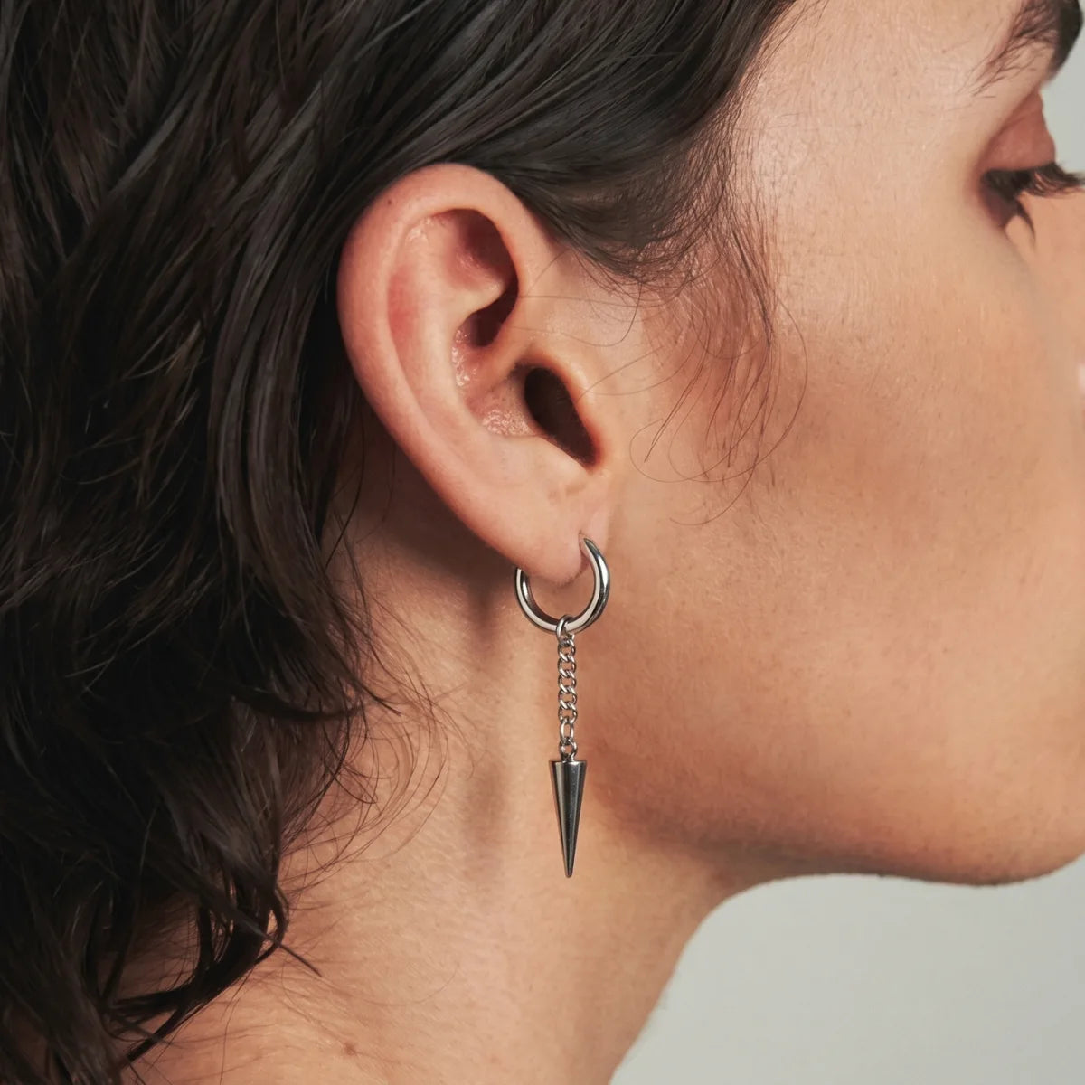 Spike Chain Drop Earrings Silver Worn by Male Model Close Up
