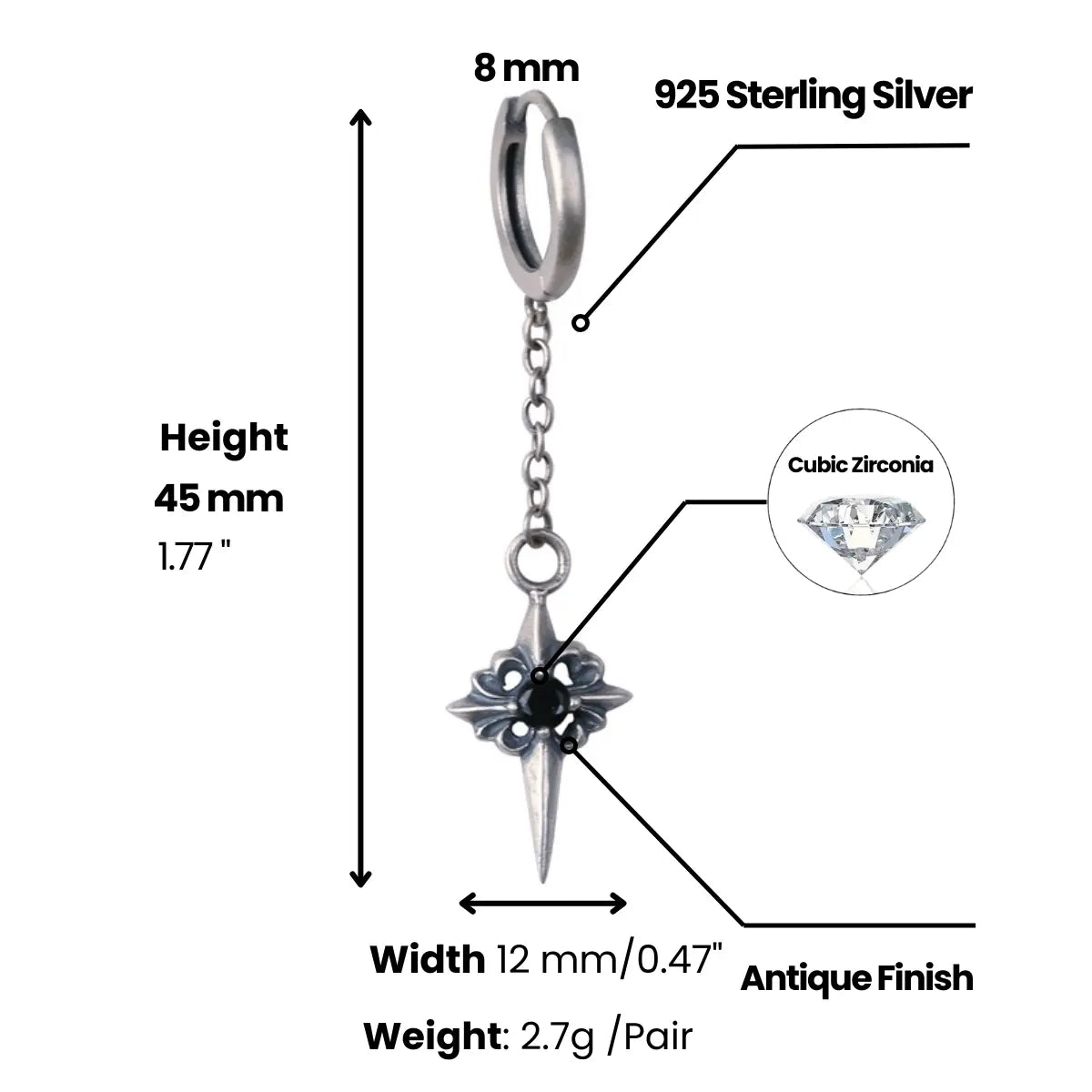 Spike Cross Chain Dangle Hoop Earrings Dimensions and Weight