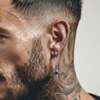 Spike Cross Chain Dangle Hoop Earrings Worn by Male Model