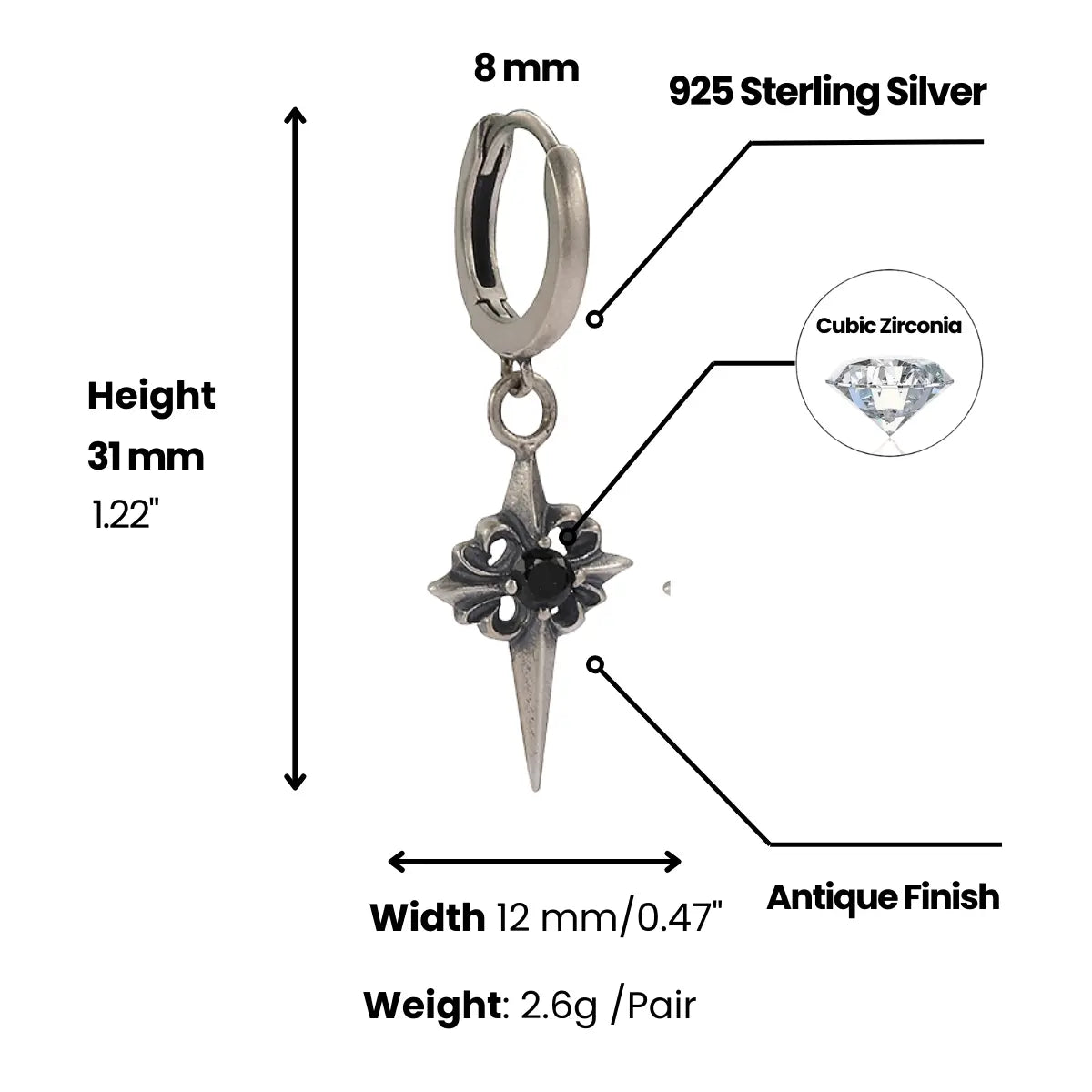 Spike Cross Drop Hoop Earrings Dimensions and Weight