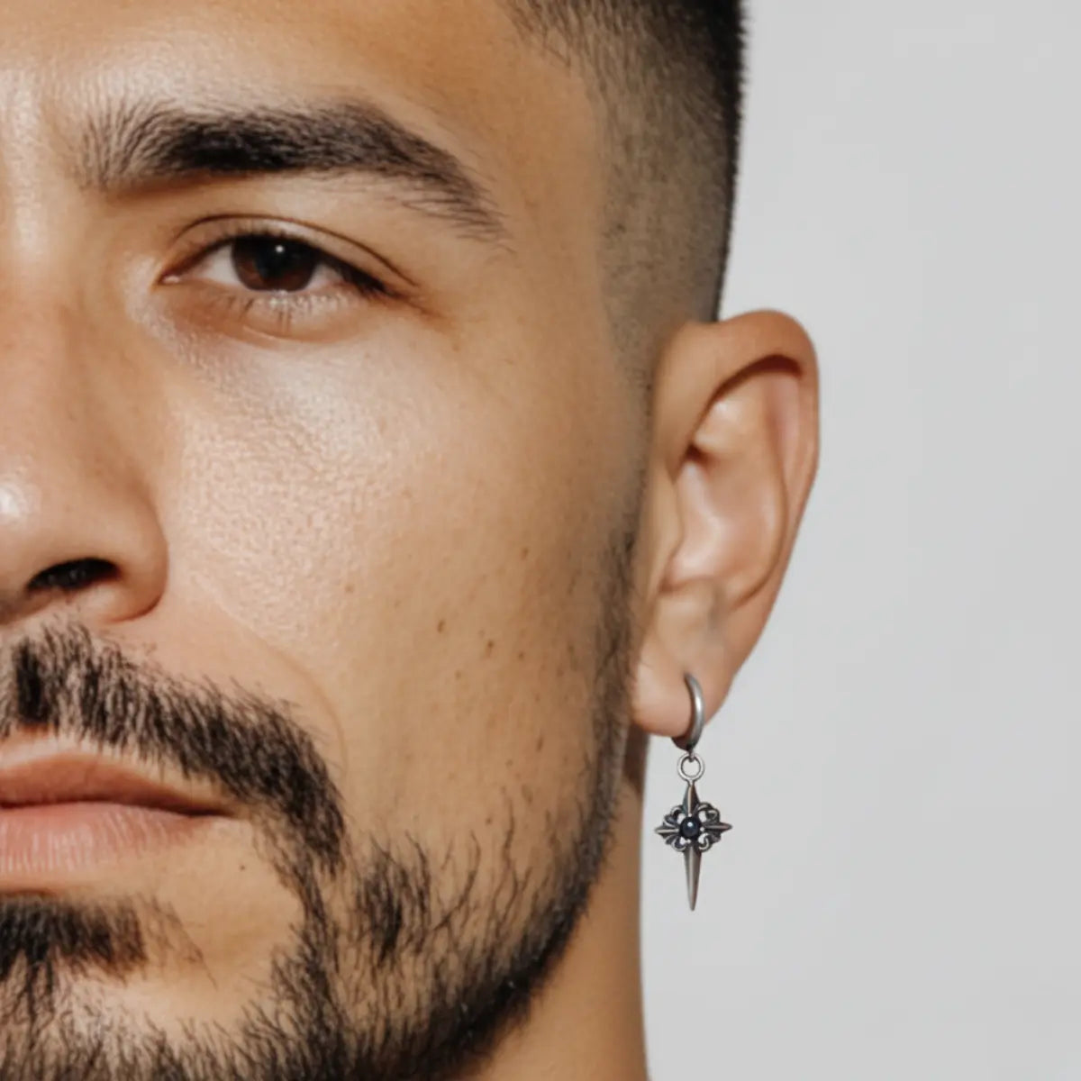 Spike Cross Drop Hoop Earrings Worn by Male Model