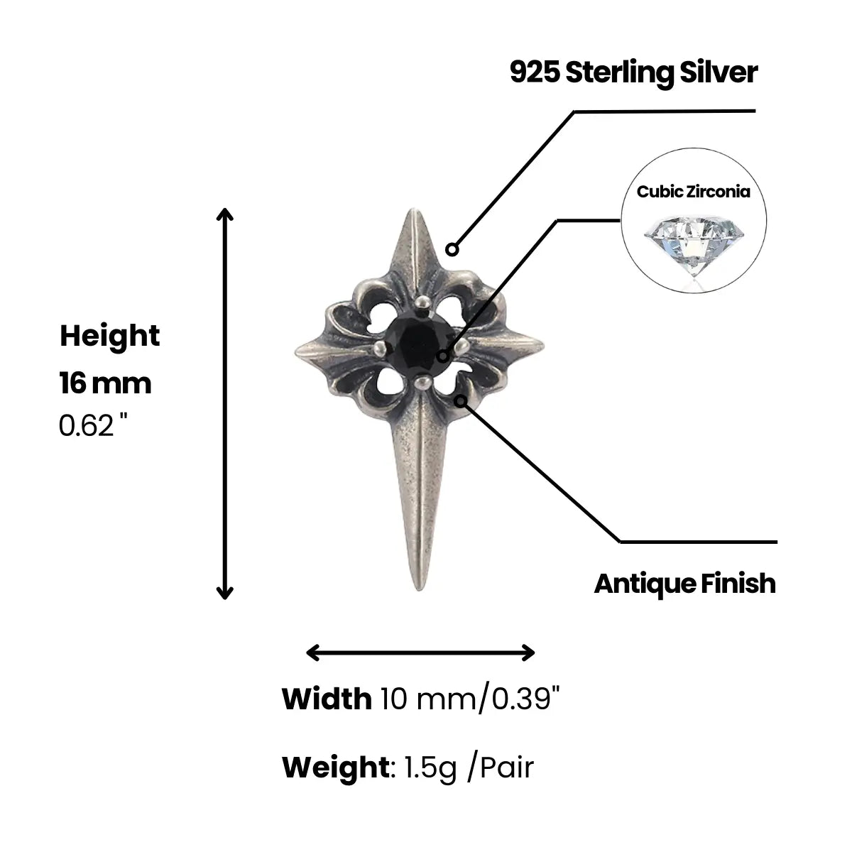 Spike Cross Stud Earrings Dimensions and Weight