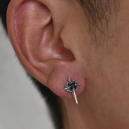 Spike Cross Stud Earrings Worn by Male Model Close Up