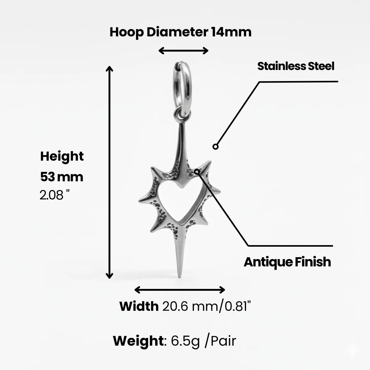 Spike Heart Drop Hoop Earrings Dimensions and Weight