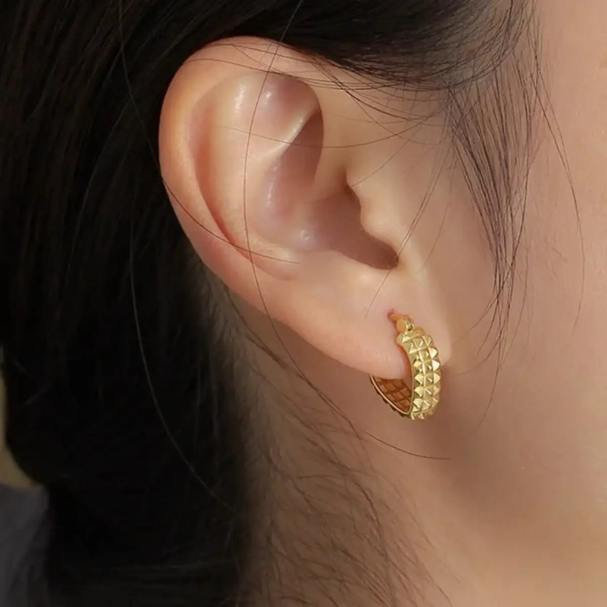 Spike Heart Earrings Gold Worn by Female Model