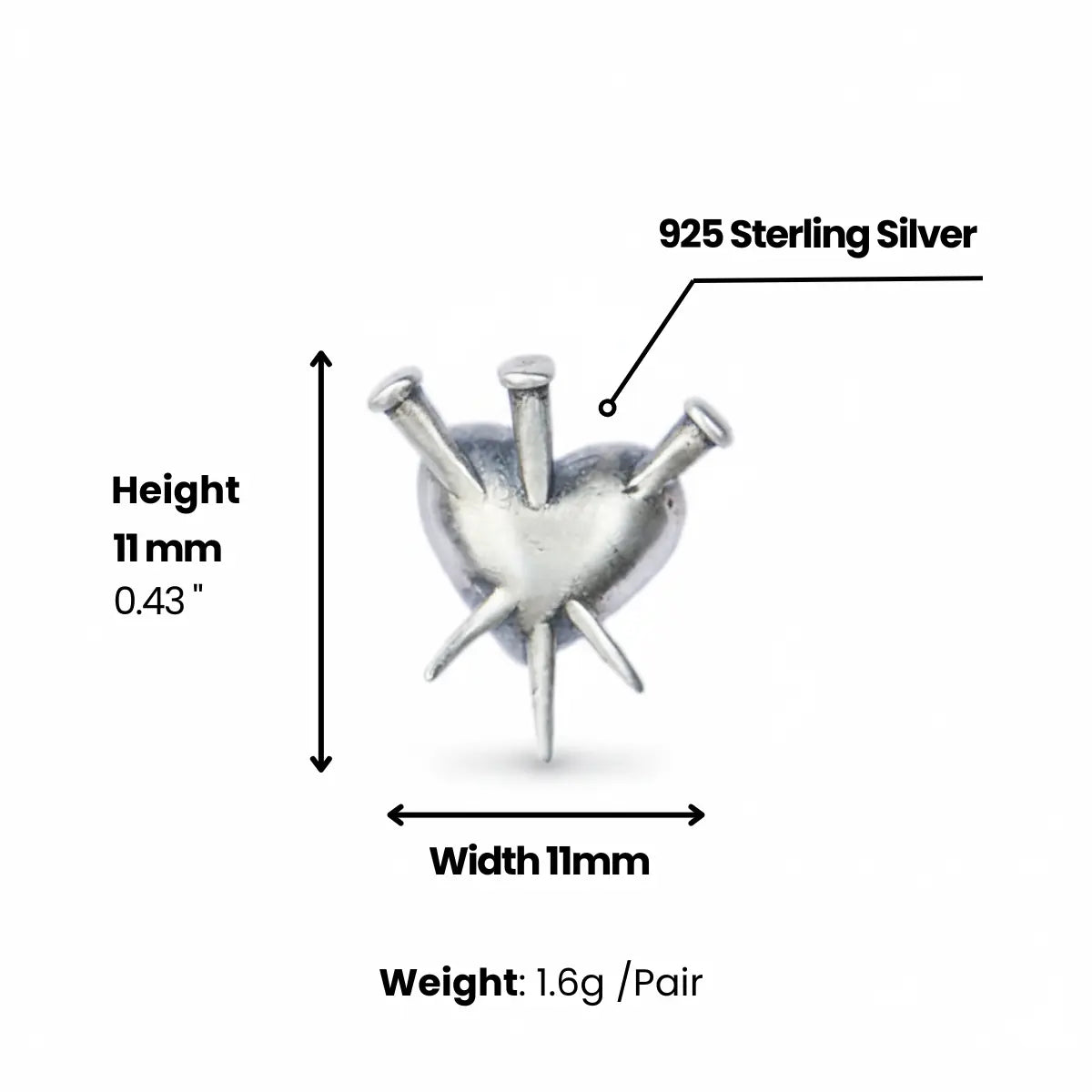 Spike Nailed Heart Stud Earrings Dimensions and Weight