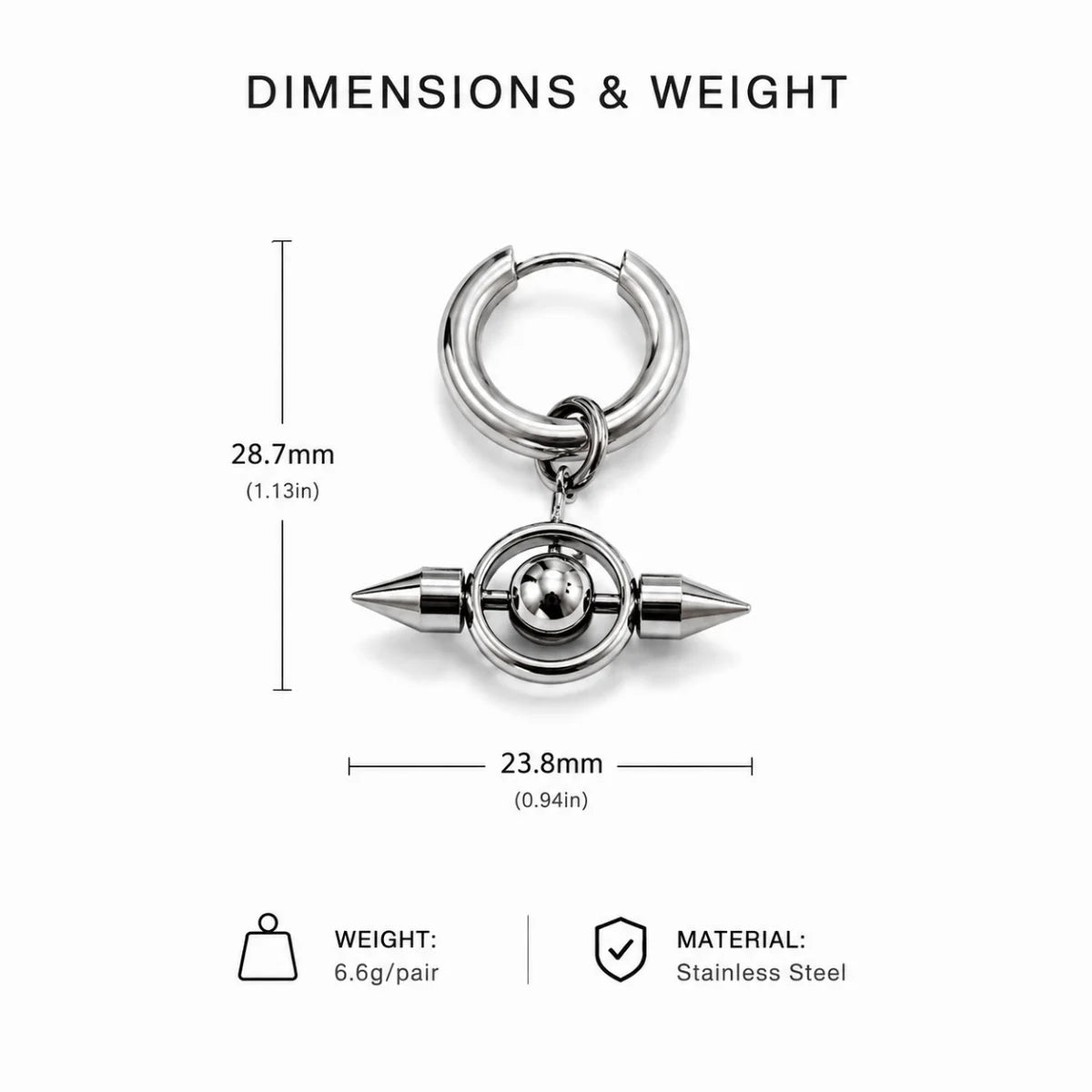 Spike Orb Drop Earrings Silver Dimension Diagram 28.5mm 1.12inch and 23.5mm 0.93inch