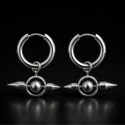 Spike Orb Drop Earrings Silver Pair Close Up Black Background