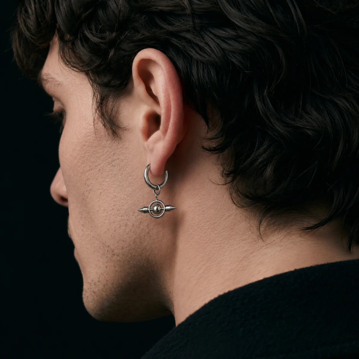Spike Orb Drop Earrings Silver Worn by Male Model Profile View