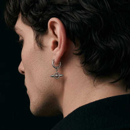Spike Orb Drop Earrings Silver Worn by Male Model Profile View