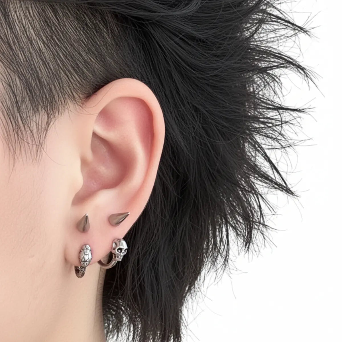 Spike Snake C Hoop Earrings Worn by Female Model