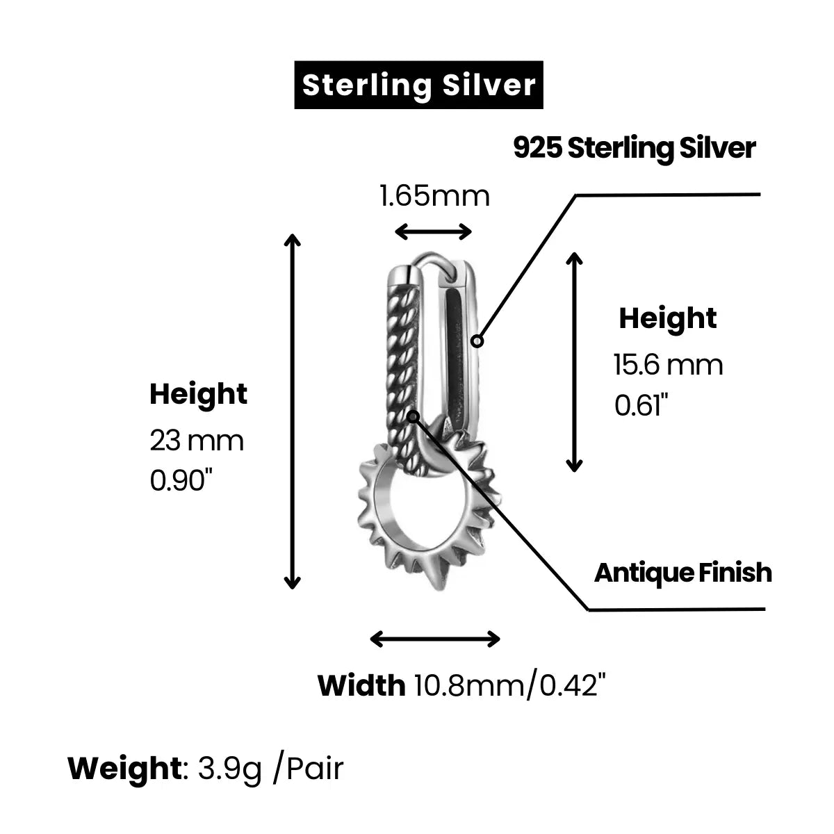 Spike U Hoop Earrings Sterling Silver Dimensions and Weight