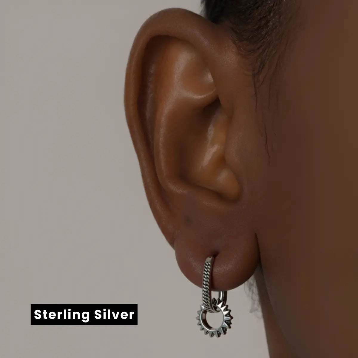 Spike U Hoop Earrings Sterling Silver Worn by Male Model Close Up
