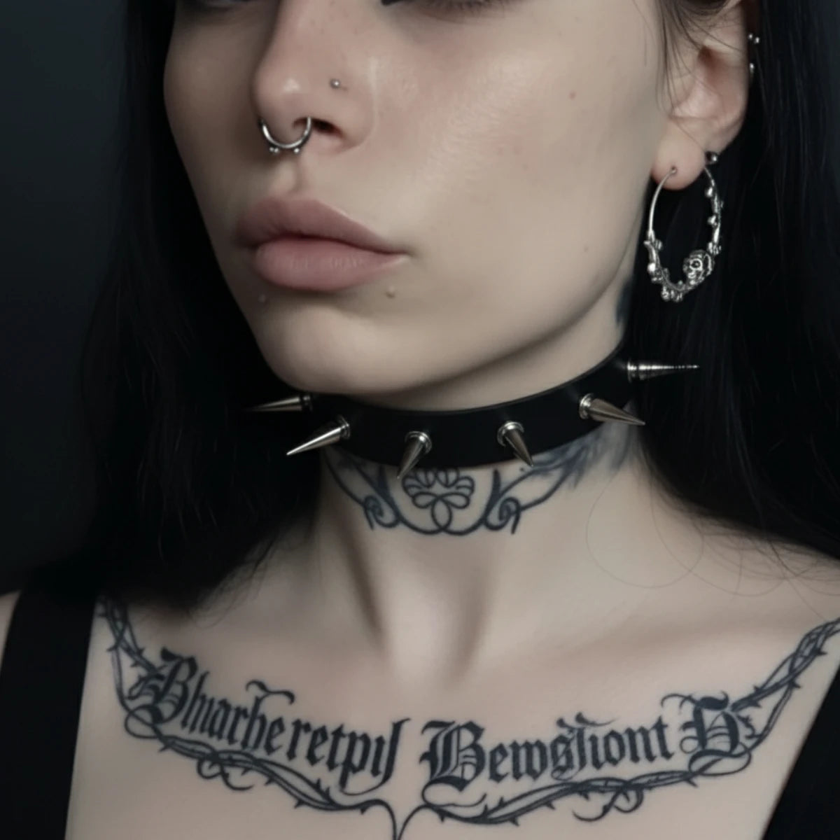 Spiked Choker Black Worn by Female Model Close Up