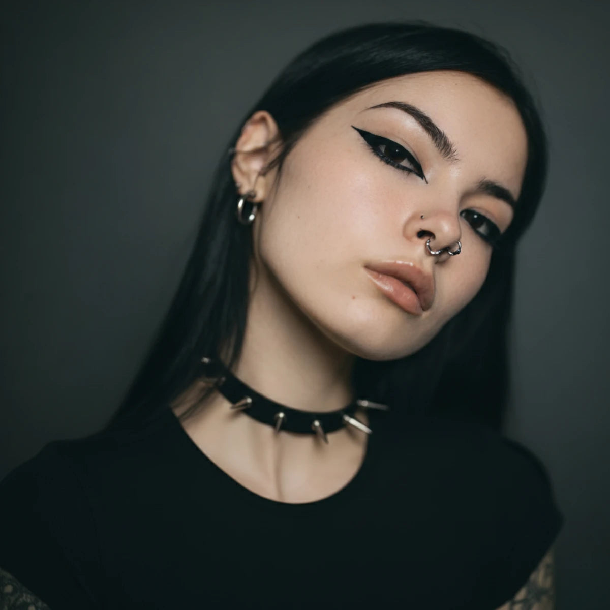 Spiked Choker Black Worn by Female Model Front