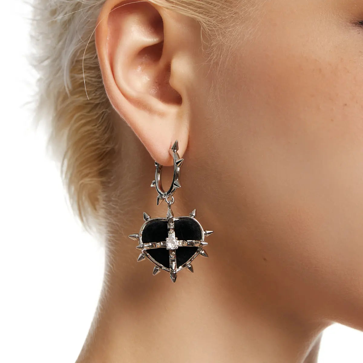 Spiked Heart Earrings Black Velvet Worn by Female Model Close up