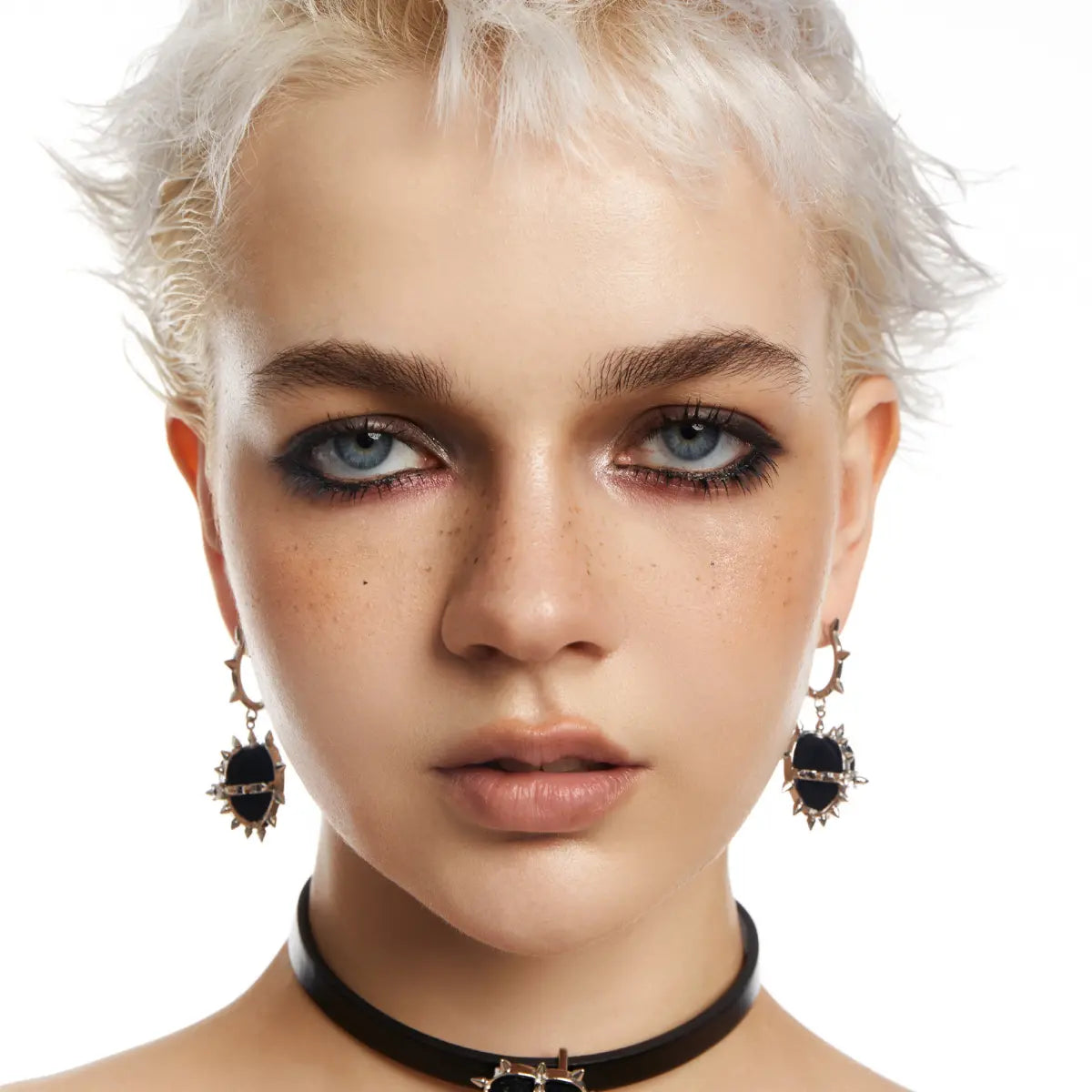 Spiked Heart Earrings Black Velvet Worn by Female Model Front View