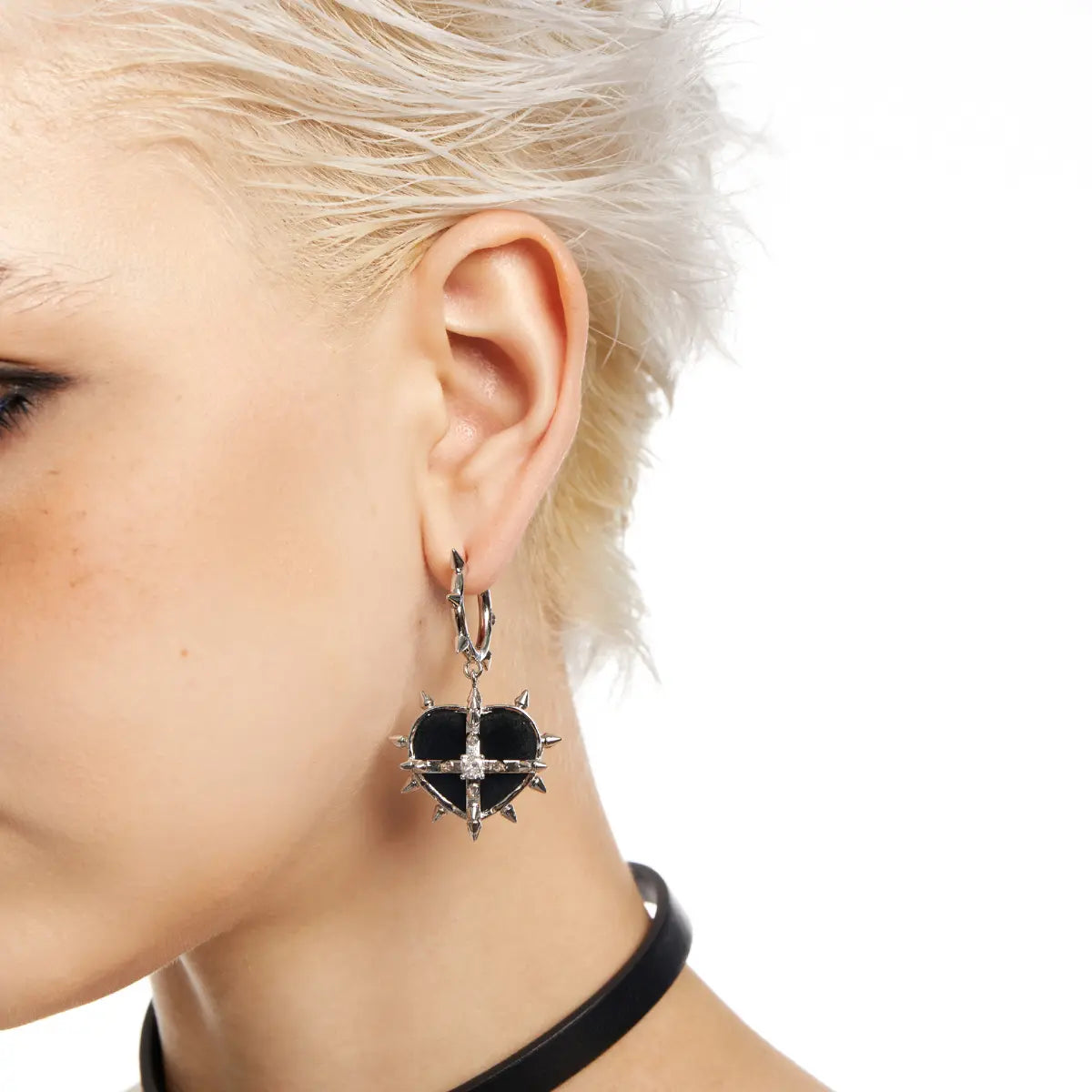 Spiked Heart Earrings Black Velvet Worn by Female Model Side View
