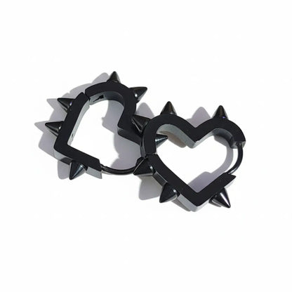 Spiked Heart Hoop Earrings Black Close Up