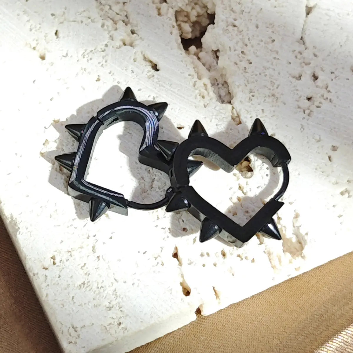 Spiked Heart Hoop Earrings Black Details