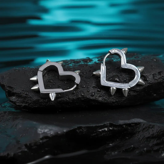 Spiked Heart Hoop Earrings Silver Close Up