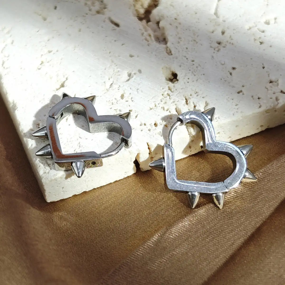Spiked Heart Hoop Earrings Silver Details