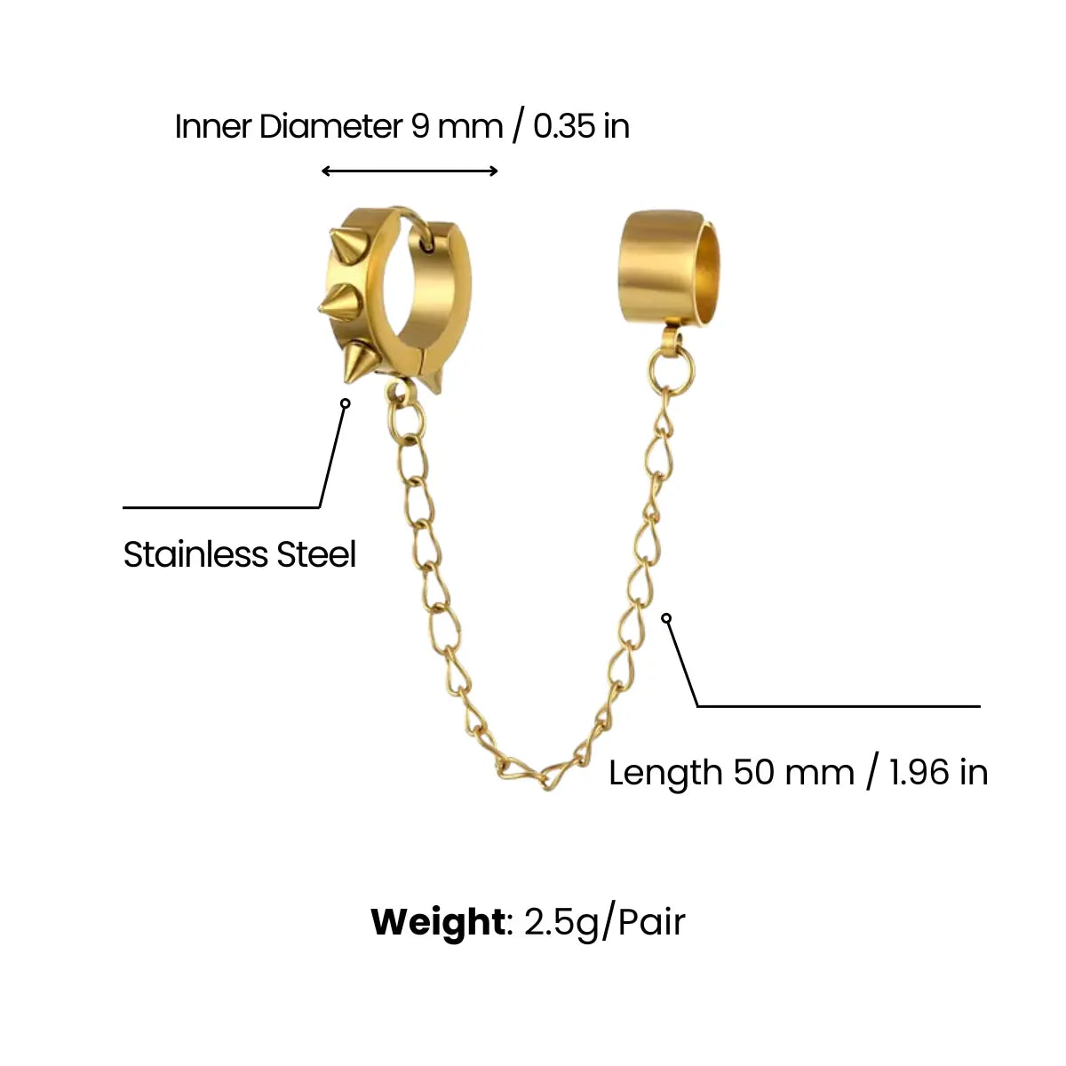 Spiked Hoop Earrings and Ear Cuff Dimensions and Weight