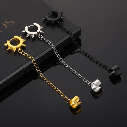 Spiked Hoop Earrings and Ear Cuff Set in Three Colors Gold Silver Black on Black Background
