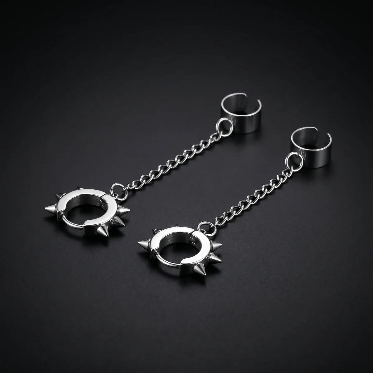 Spiked Hoop Earrings and Ear Cuff Silver Close Up