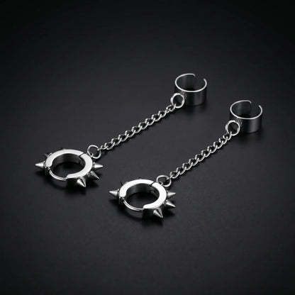 Spiked Hoop Earrings and Ear Cuff Silver Close Up
