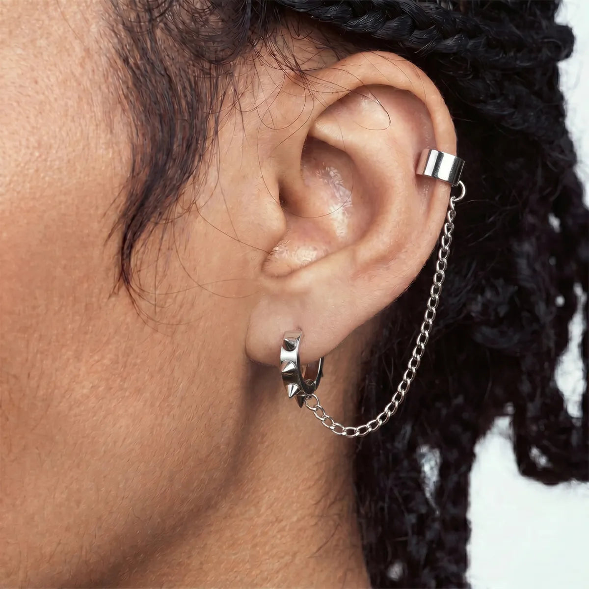 Spiked Hoop Earrings and Ear Cuff Silver Worn by Male Model