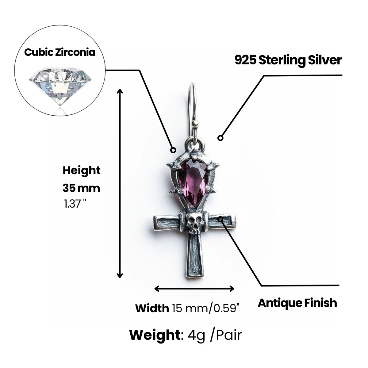 Spiked Purple Gem Ankh Dangle Earrings Dimensions and Weight