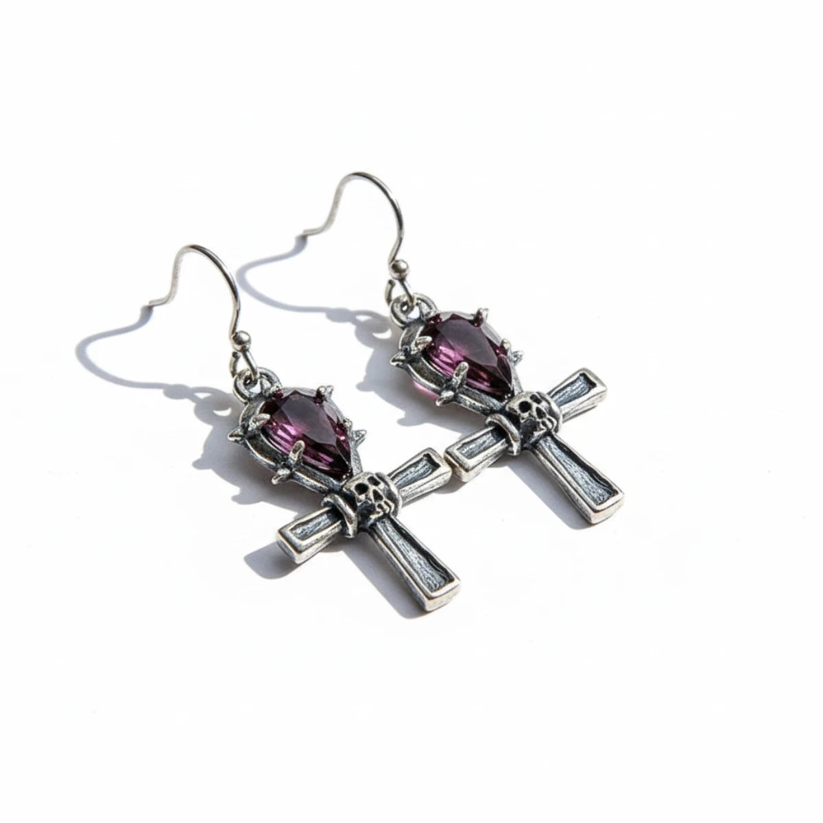 Spiked Purple Gem Ankh Dangle Earrings Front